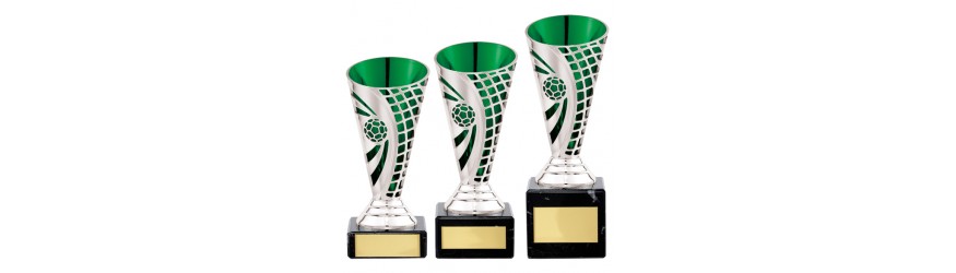SILVER/GREEN PLASTIC BUDGET FOOTBALL CUPS  - AVAILABLE IN 3 SIZES (14CM - 17CM)